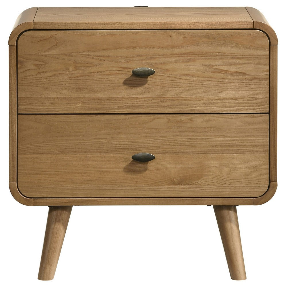 Ryb Nightstand with 2 Drawers, Curved Corners, Light Ash Wood 27 Inch