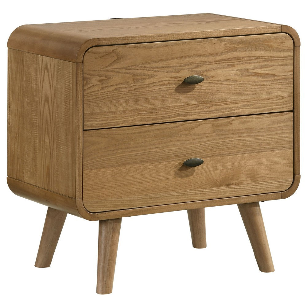Ryb Nightstand with 2 Drawers, Curved Corners, Light Ash Wood 27 Inch