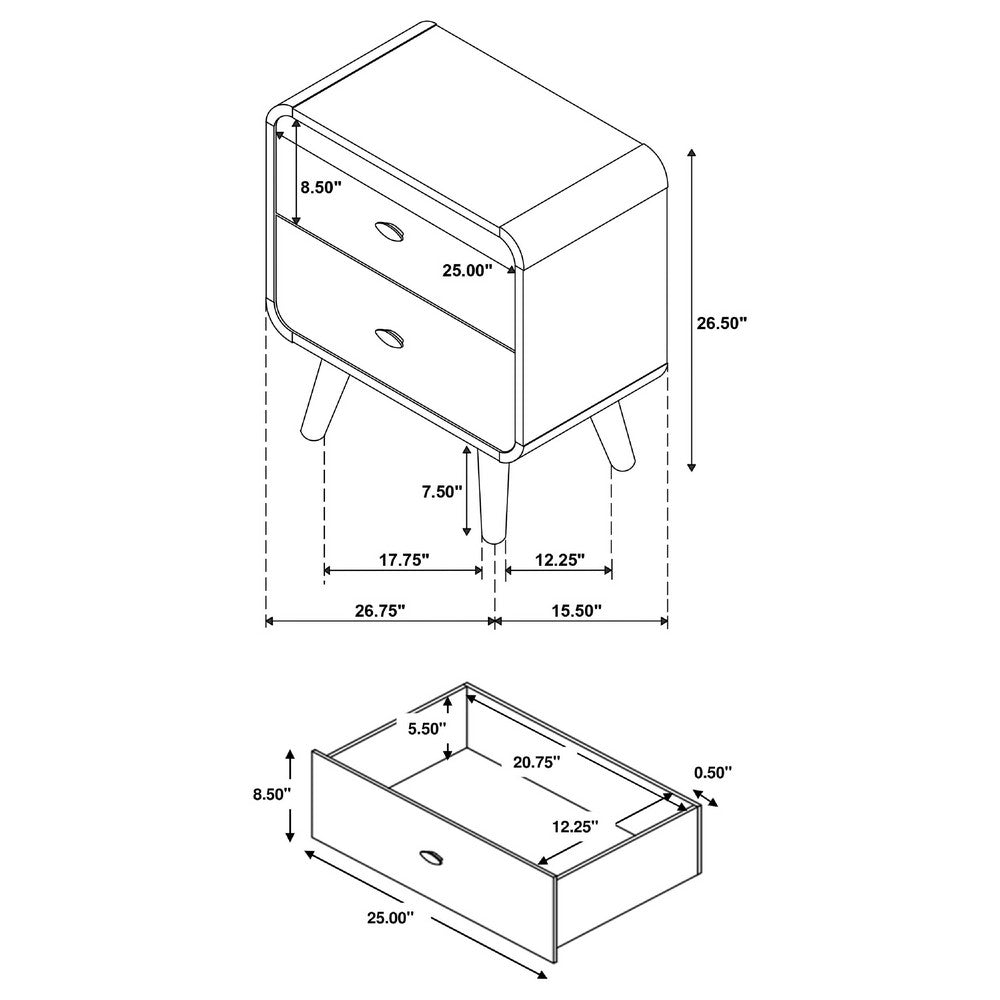 Ryb Nightstand with 2 Drawers, Curved Corners, Light Ash Wood 27 Inch