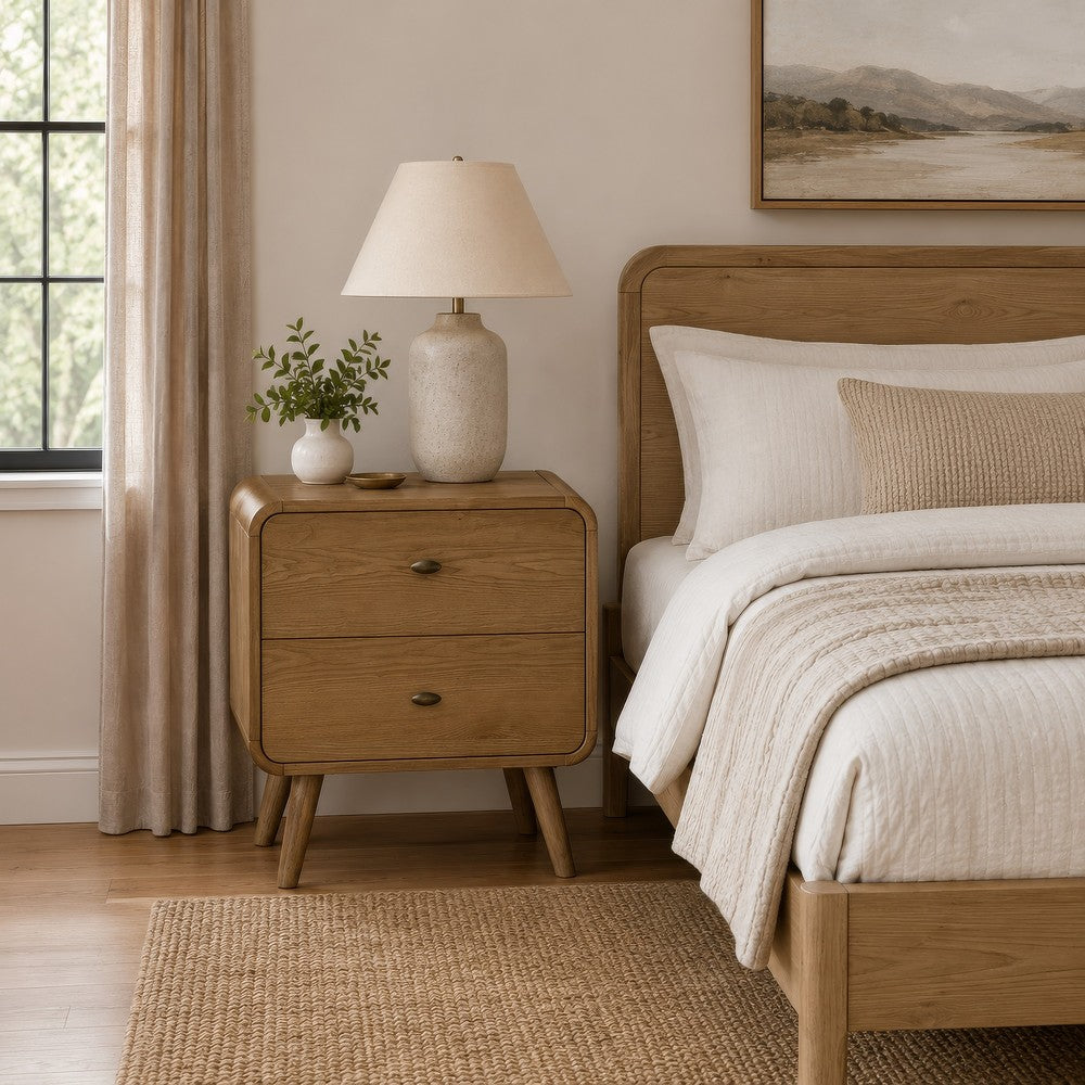 Ryb Nightstand with 2 Drawers, Curved Corners, Light Ash Wood 27 Inch