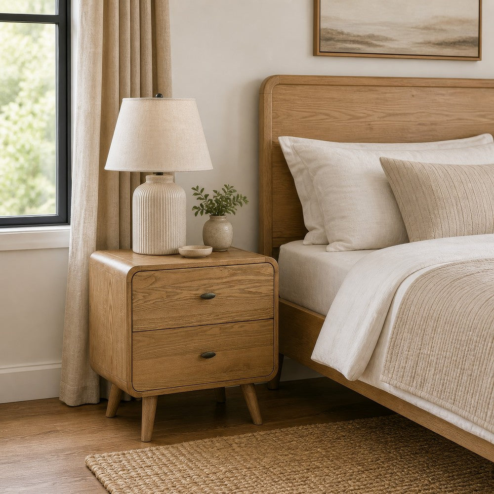 Ryb Nightstand with 2 Drawers, Curved Corners, Light Ash Wood 27 Inch