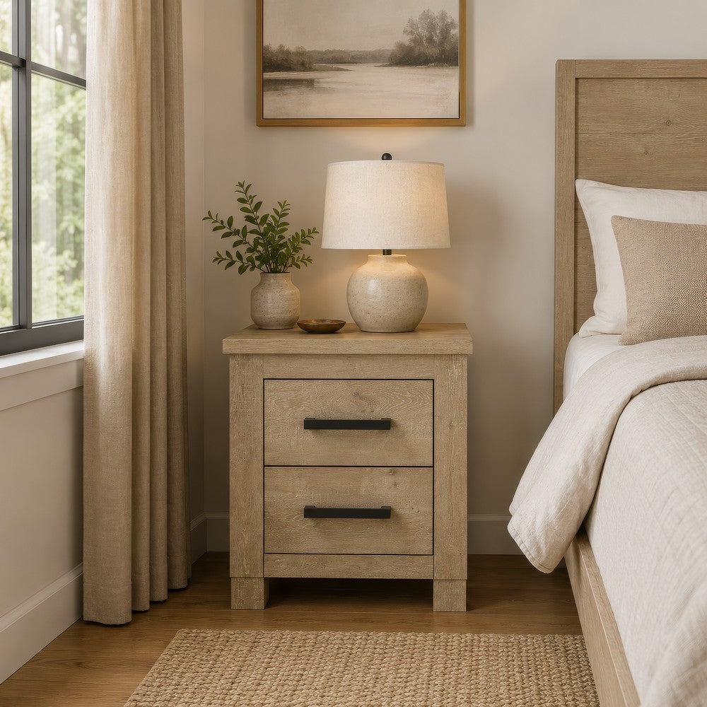 Tyna Nightstand with 2 Drawer, Black Metal, Weathered Oak Wood 26 Inch