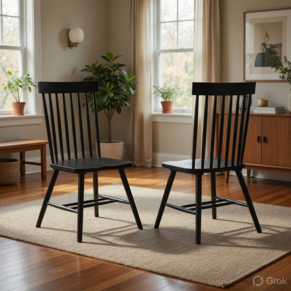 Andy Dining Side Chair Set of 2, Windsor Spindle Back, Black Wood