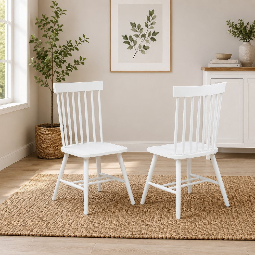 Andy Dining Side Chair Set of 2, Windsor Back, Scooped Seat, White Wood