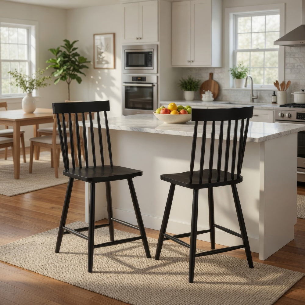 Andy Counter Height Chair Set of 2, Windsor Spindle Back, Black Wood-BM352783