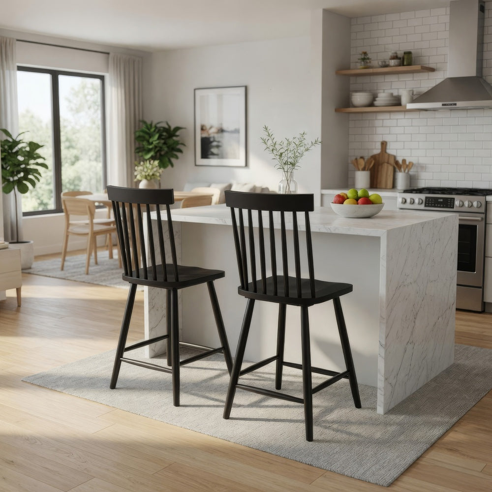 Andy Counter Height Chair Set of 2, Windsor Spindle Back, Black Wood-BM352783