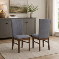 Sher Side Dining Chair Set of 2, Foam Fill Gray Fabric Seat, Brown Wood