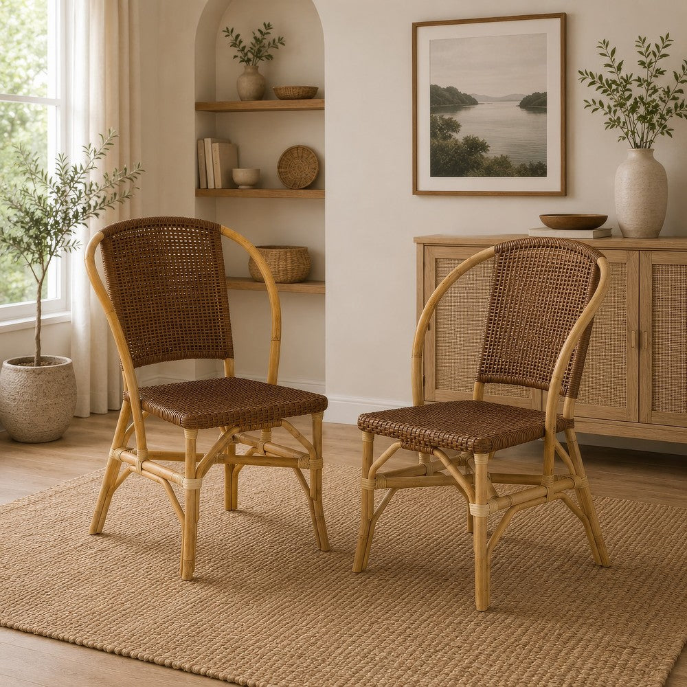 Jena Dining Side Chair Set of 2, Rattan Woven, Curved Back, Brown