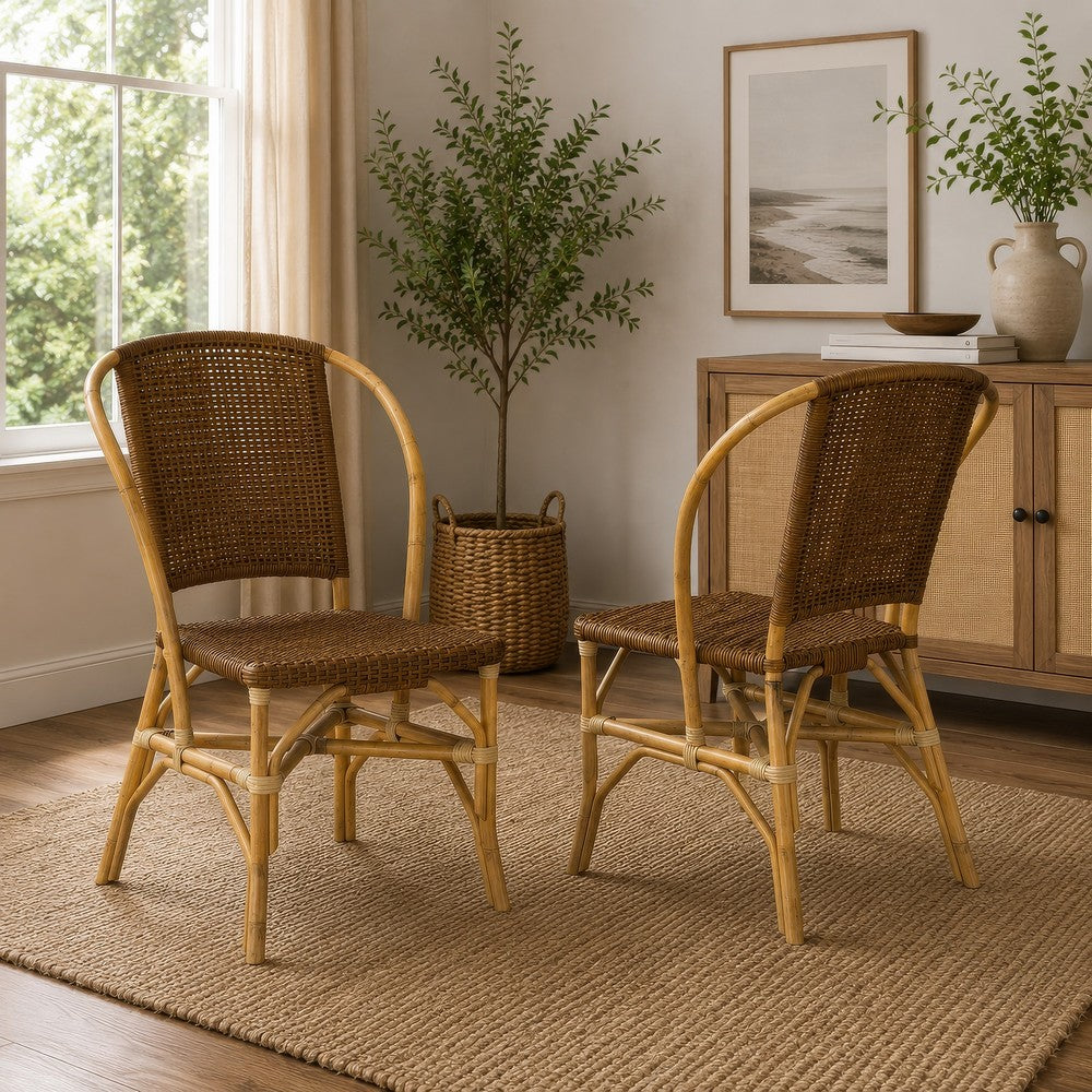Jena Dining Side Chair Set of 2, Rattan Woven, Curved Back, Brown