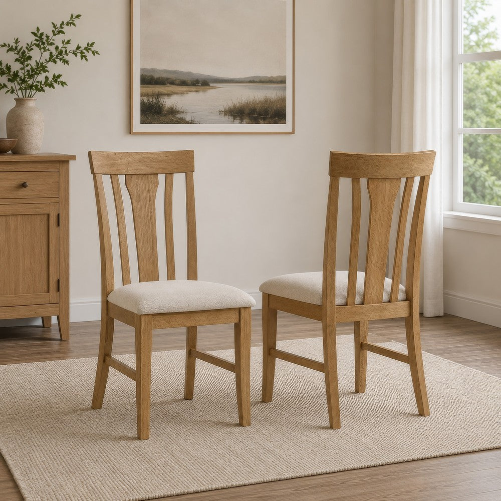 Kema Dining Side Chair Set of 2, Slatted Back, Padded Tan Seat, Brown