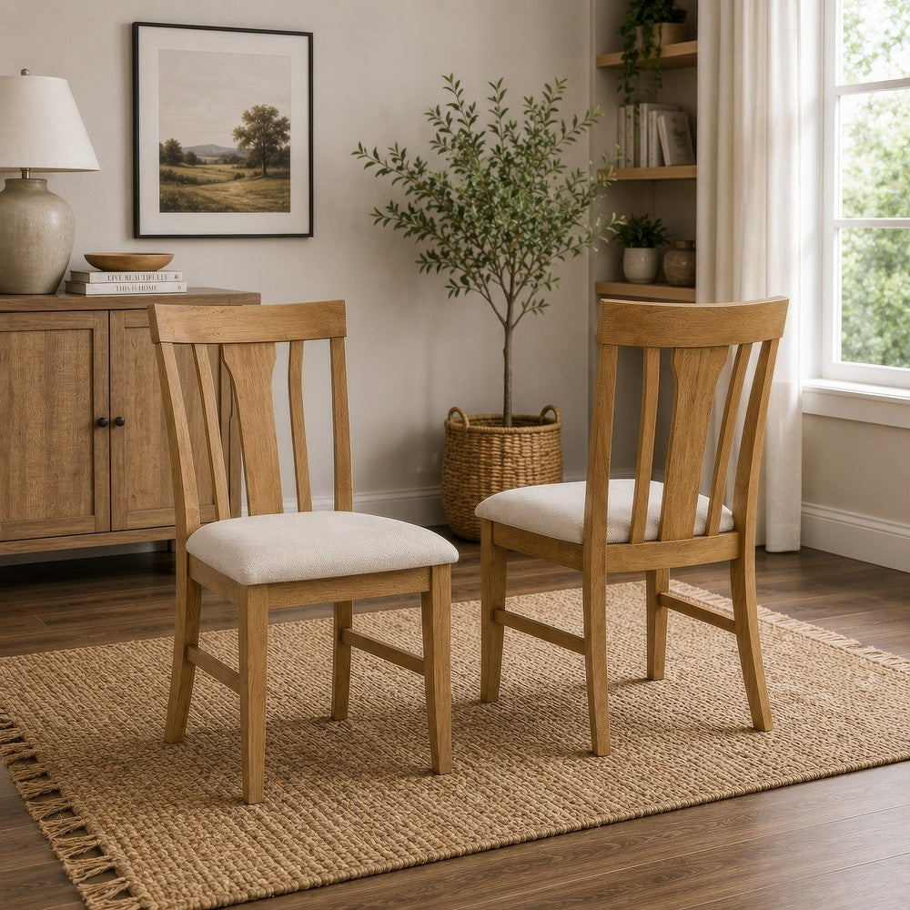Kema Dining Side Chair Set of 2, Slatted Back, Padded Tan Seat, Brown