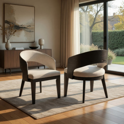 Lina Dining Arm Chair Set of 2, Cream Barrel Back, Brunished Black
