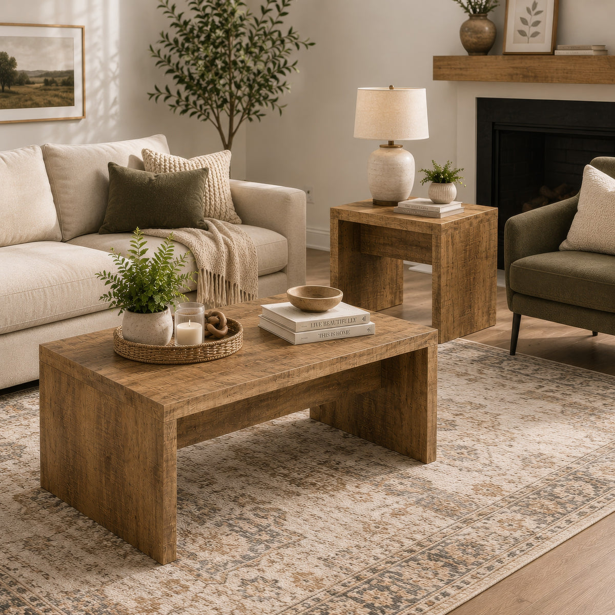 Nette 2Pc Coffee and End Table Set, Rustic Mango Finish, Brown Wood