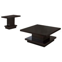 Reese 2Pc Square Coffee and End Table Set, Tiered Design, Brown Wood