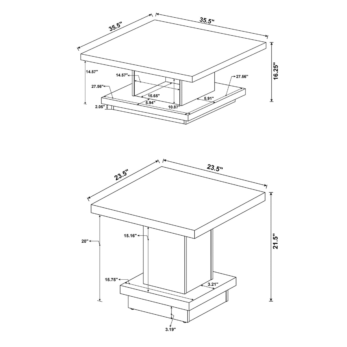 Reese 2Pc Square Coffee and End Table Set, Tiered Design, Brown Wood