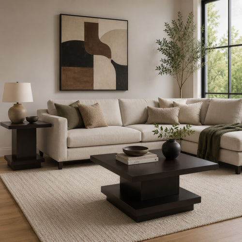 Reese 2Pc Square Coffee and End Table Set, Tiered Design, Brown Wood