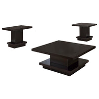 Reese 3Pc Square Coffee and End Tables Set, Tiered Design, Brown Wood