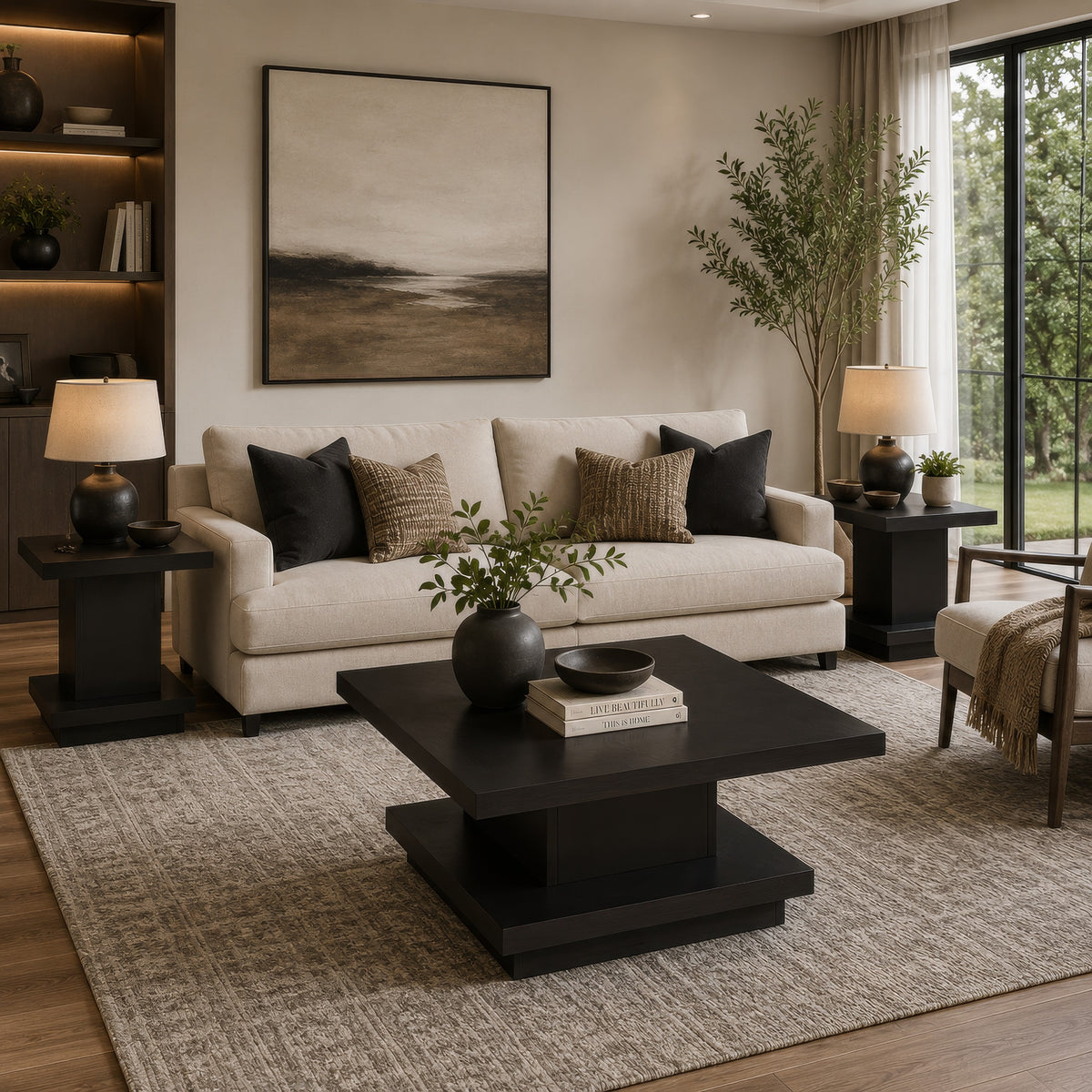 Reese 3Pc Square Coffee and End Tables Set, Tiered Design, Brown Wood