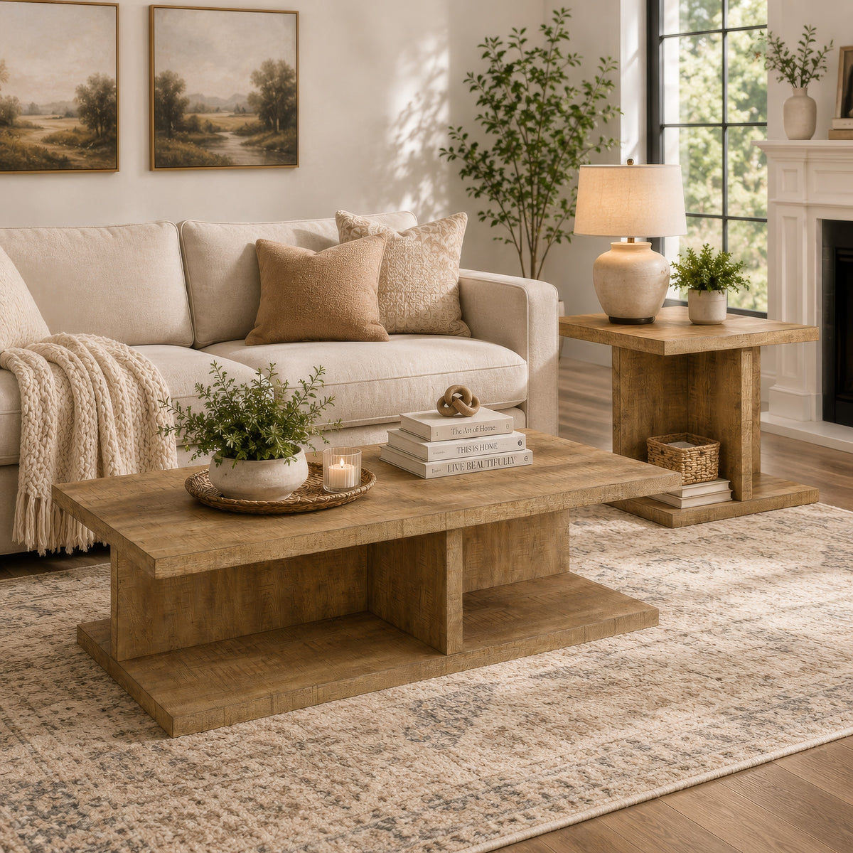 Chet 2Pc Coffee and End Table Set, Open Cube Base, Mango Finish Wood