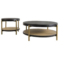 Fij 2Pc Round Coffee and End Table Set, Lower Rattan Shelf, Black Wood