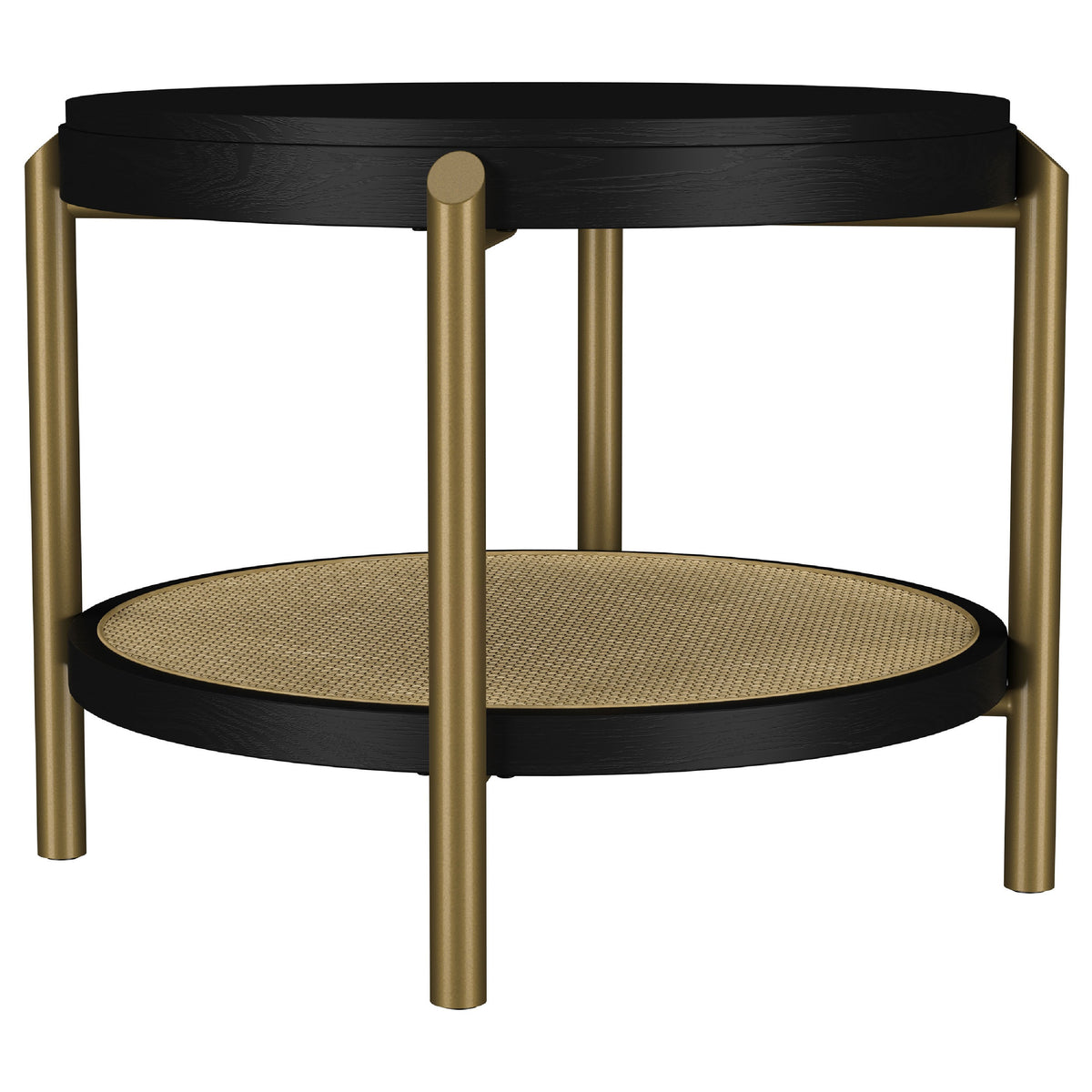 Fij 2Pc Round Coffee and End Table Set, Lower Rattan Shelf, Black Wood