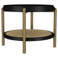 Fij 2Pc Round Coffee and End Table Set, Lower Rattan Shelf, Black Wood