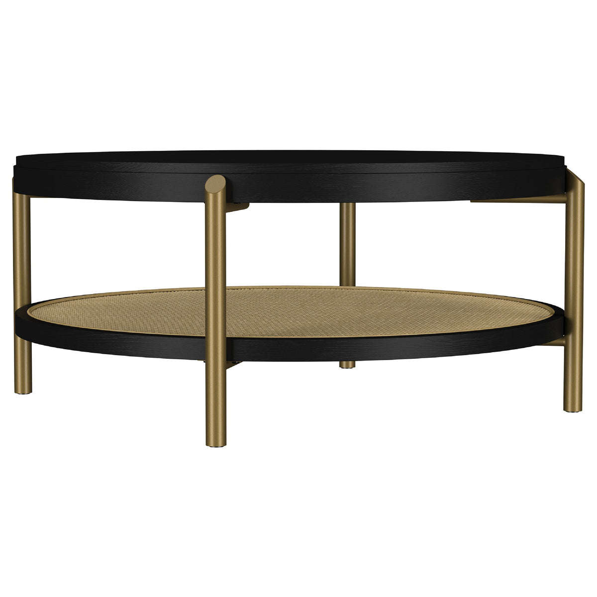 Fij 2Pc Round Coffee and End Table Set, Lower Rattan Shelf, Black Wood