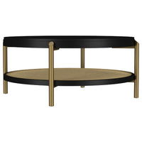 Fij 2Pc Round Coffee and End Table Set, Lower Rattan Shelf, Black Wood