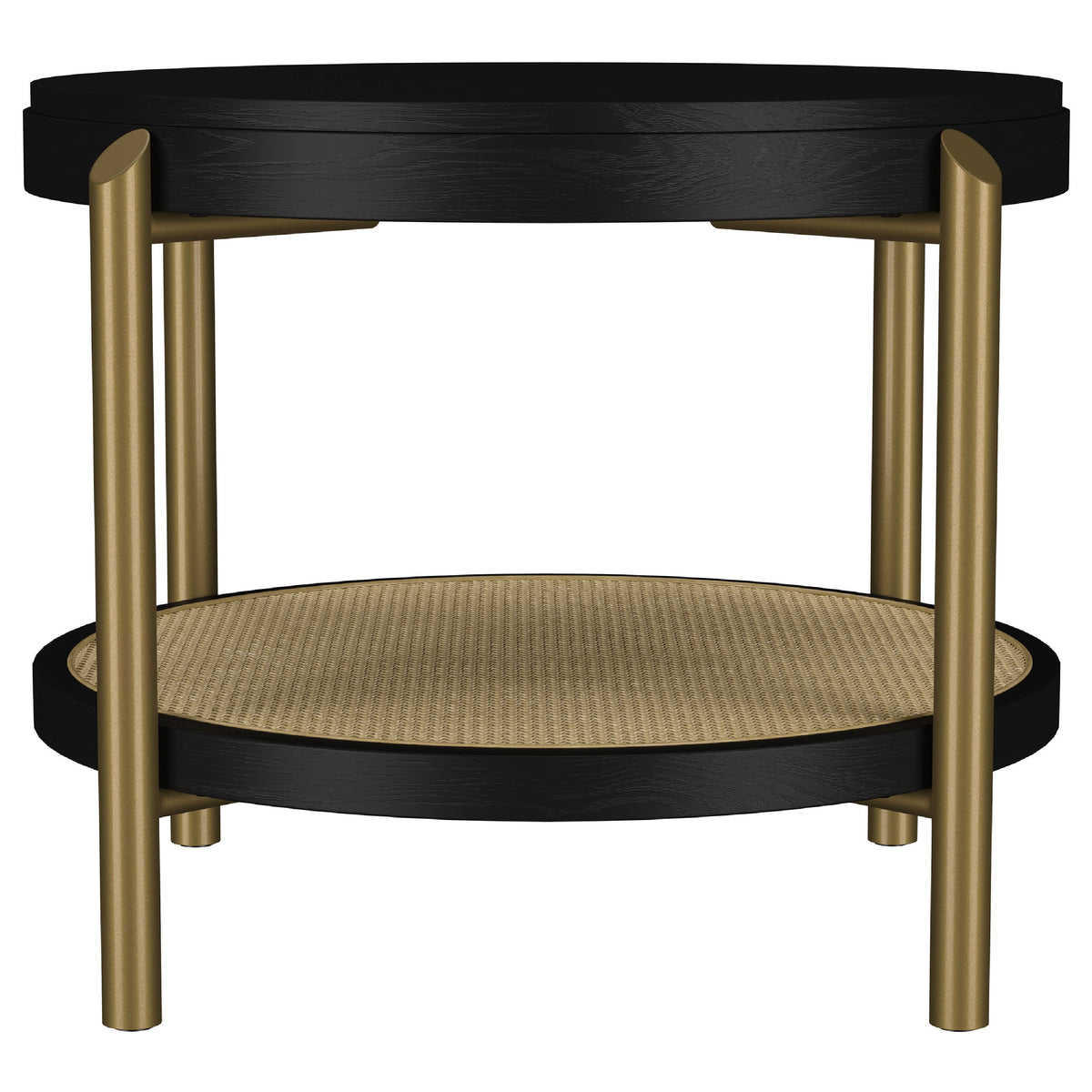 Fij 2Pc Round Coffee and End Table Set, Lower Rattan Shelf, Black Wood