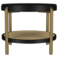 Fij 2Pc Round Coffee and End Table Set, Lower Rattan Shelf, Black Wood