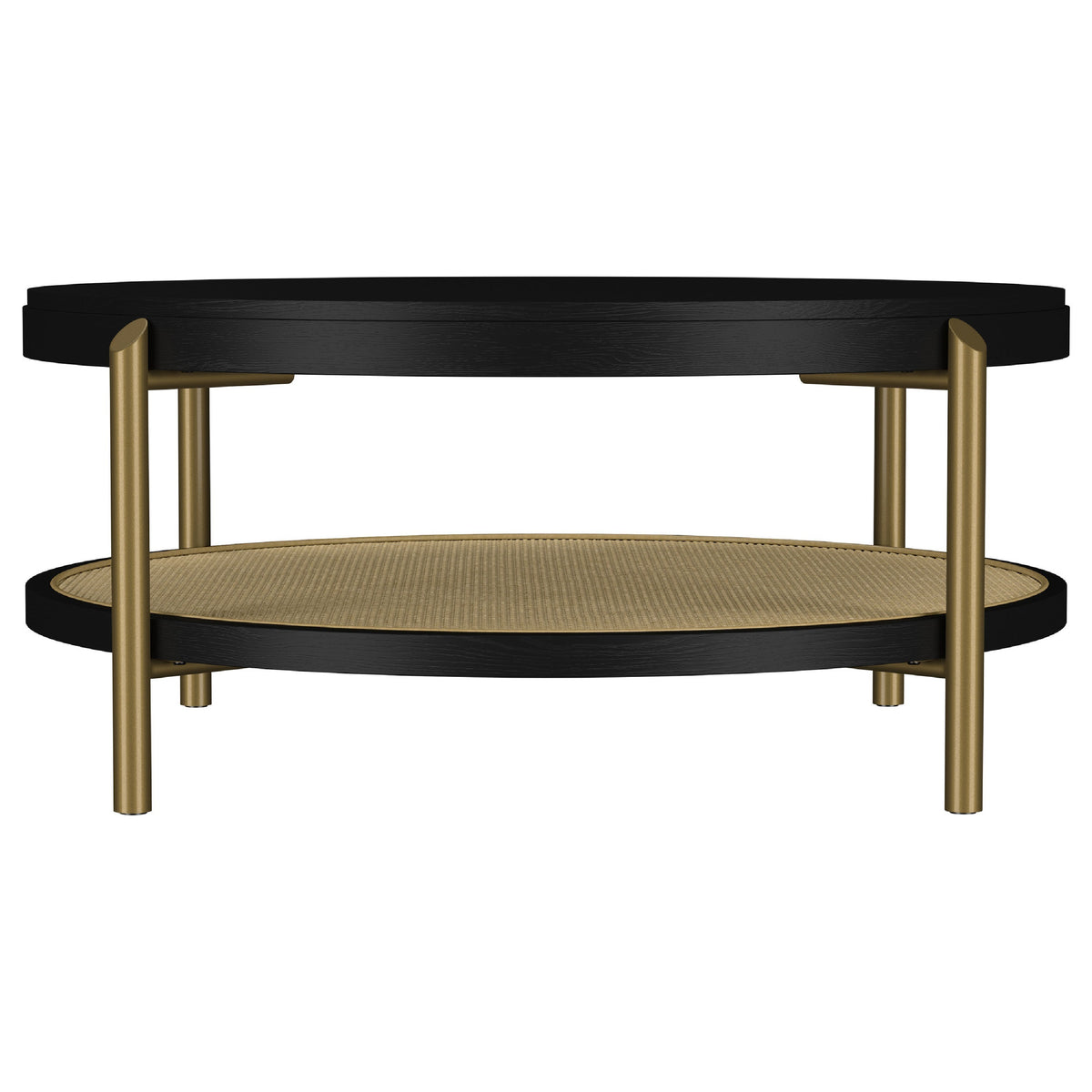 Fij 2Pc Round Coffee and End Table Set, Lower Rattan Shelf, Black Wood