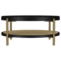Fij 2Pc Round Coffee and End Table Set, Lower Rattan Shelf, Black Wood
