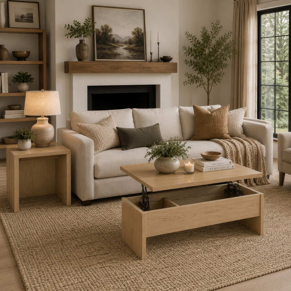 Kerra 2Pc Lift-Top Coffee Table and End Table Set, Light Oak Wood-BM352834