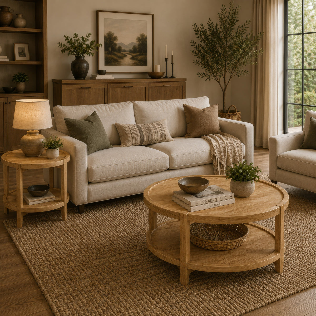Camilia 2Pc Round Coffee-End Table Set, Lower Shelf, Maple Brown Wood