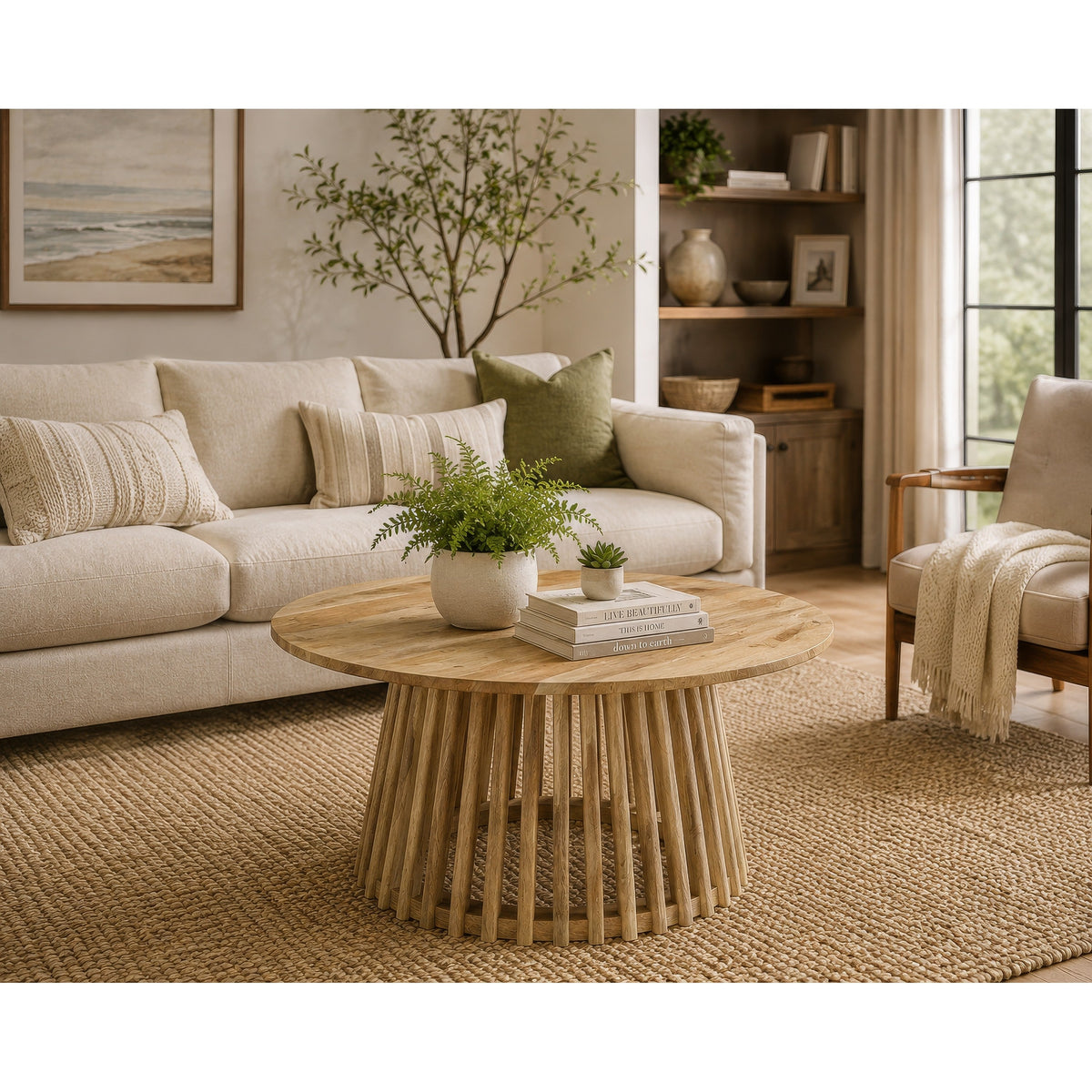 Trey Cocktail Coffee Table, Spindle Pedestal, Natural Mango Wood 30 Inch-BM352847