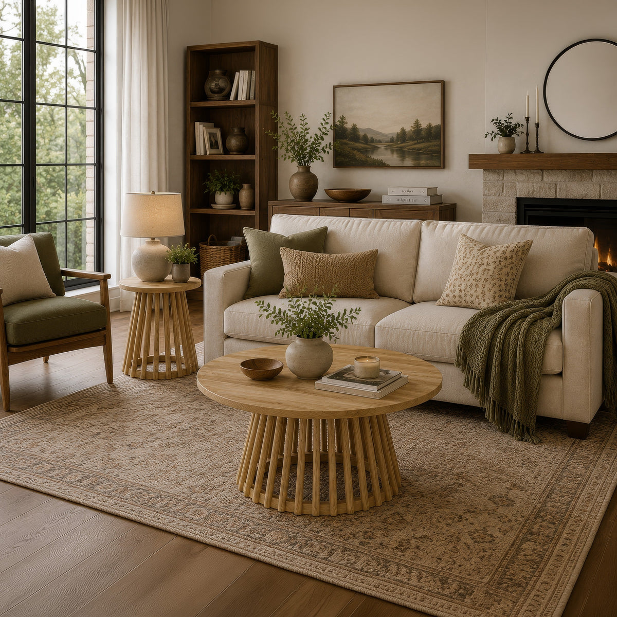 Trey 2Pc Round Coffee and End Table Set, Slatted Base, Mango Wood-BM352848