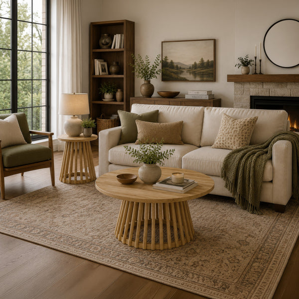 Trey 2Pc Round Coffee and End Table Set, Slatted Base, Mango Wood-BM352848