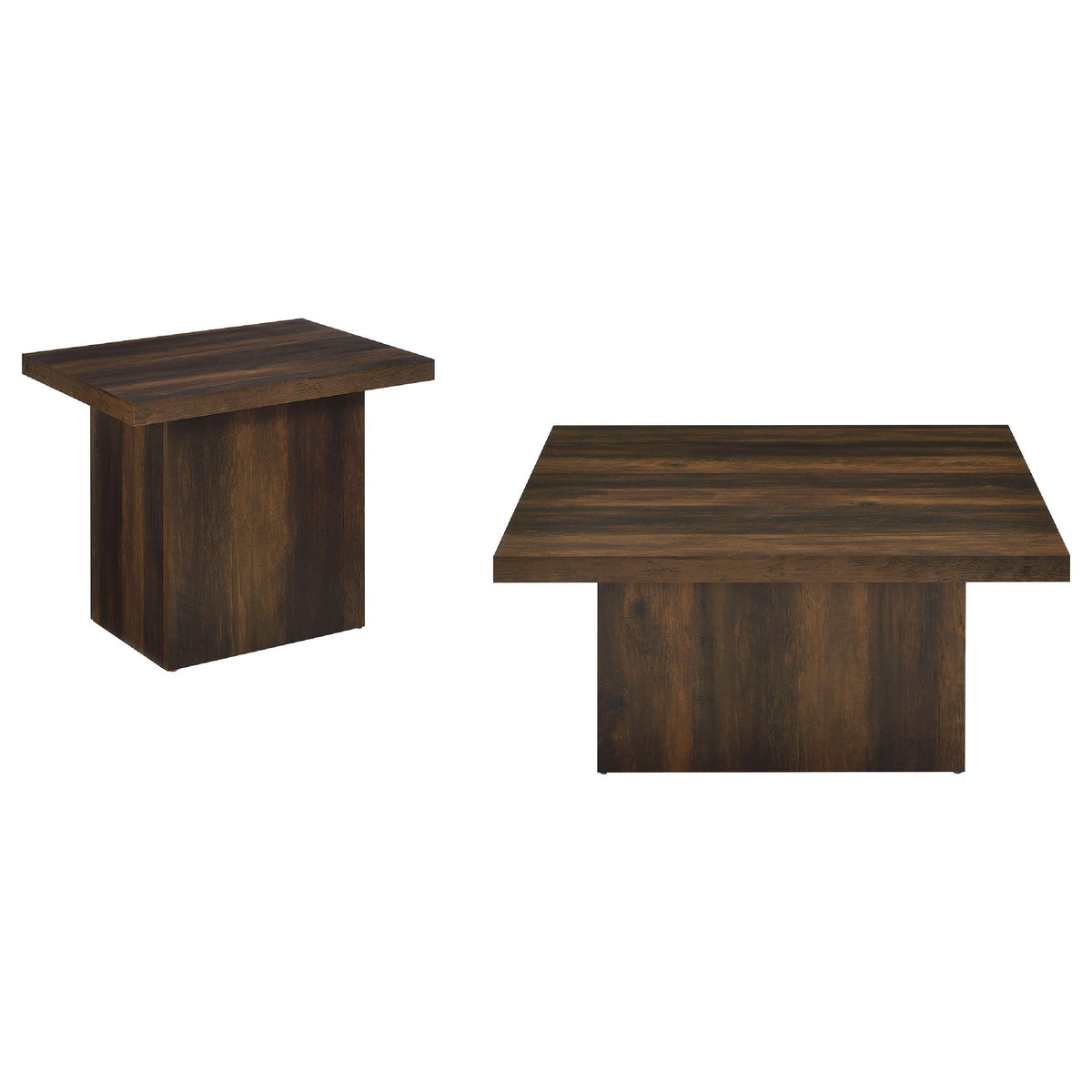 Darla 2Pc Square Coffee and End Table Set, Block Bases, Dark Pine Wood