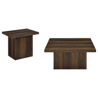 Darla 2Pc Square Coffee and End Table Set, Block Bases, Dark Pine Wood