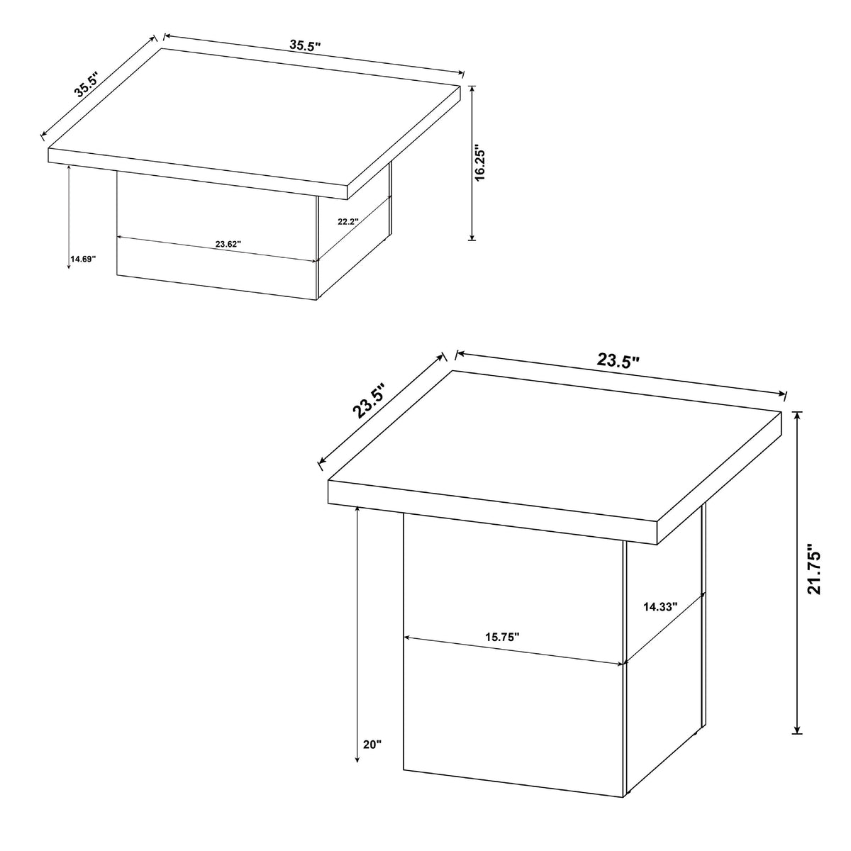 Darla 2Pc Square Coffee and End Table Set, Block Bases, Dark Pine Wood