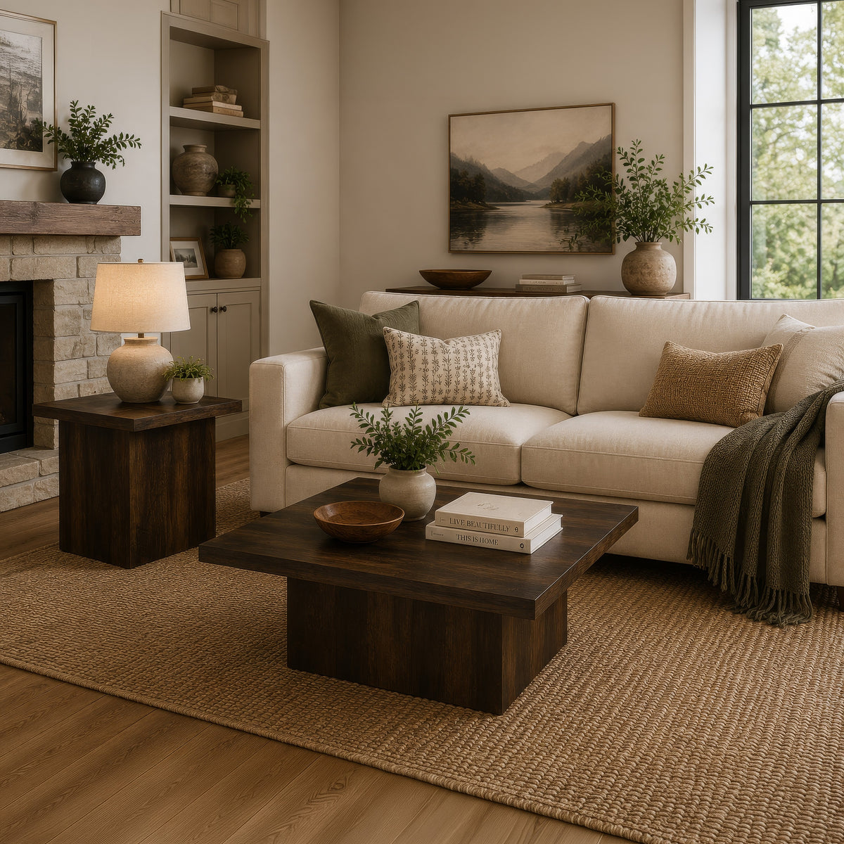 Darla 2Pc Square Coffee and End Table Set, Block Bases, Dark Pine Wood