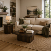 Darla 2Pc Square Coffee and End Table Set, Block Bases, Dark Pine Wood