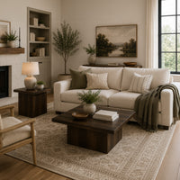 Darla 2Pc Square Coffee and End Table Set, Block Bases, Dark Pine Wood
