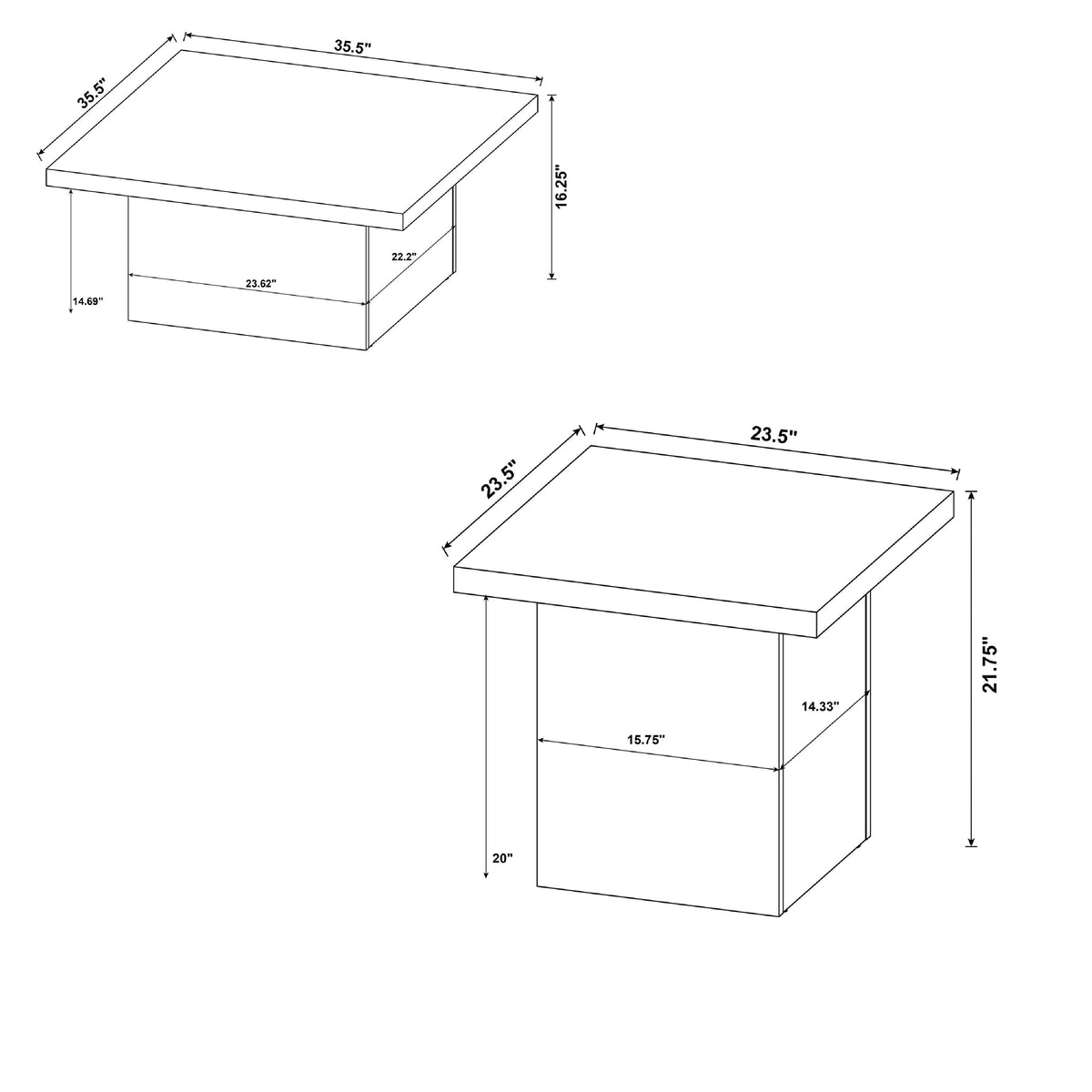 Darla 2Pc Square Coffee & End Table Set, Block Base, Latte Brown Wood
