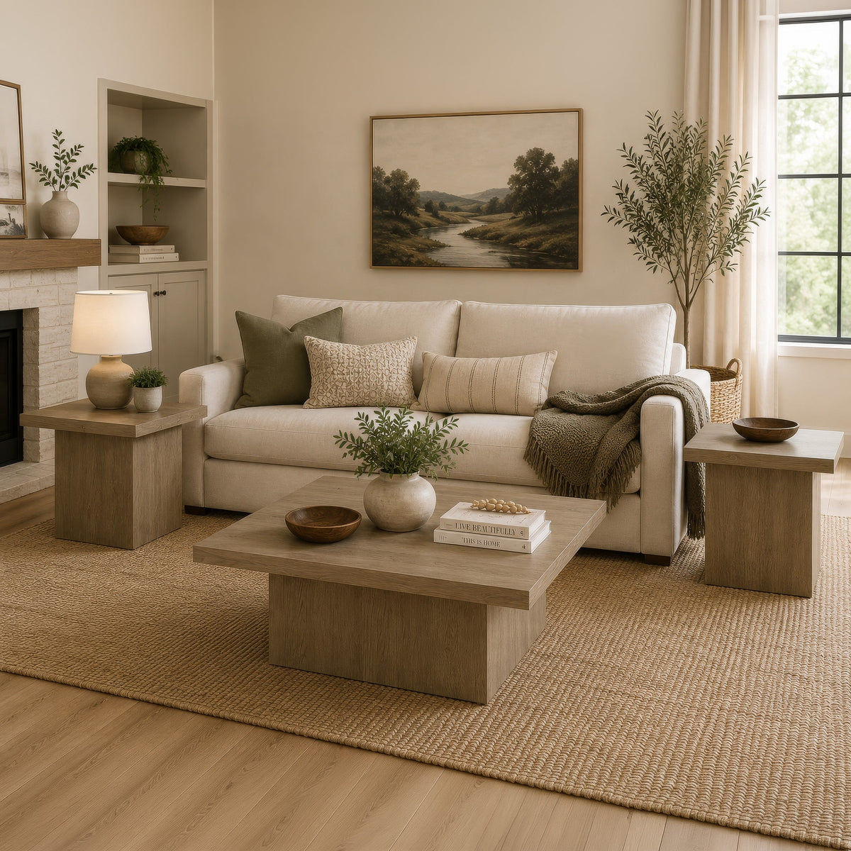 Darla 3Pc Square Coffee-End Tables Set, Block Base, Latte Brown Wood-BM352852