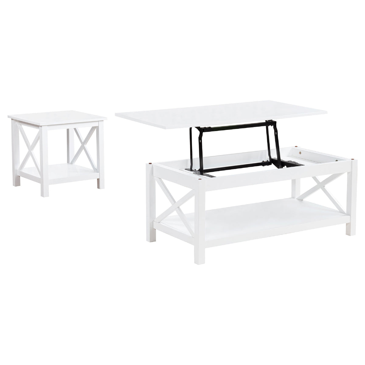 Yuzie Lift-Top Coffee and End Table Set, Hidden Storage, White Wood