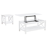 Yuzie Lift-Top Coffee and End Table Set, Hidden Storage, White Wood