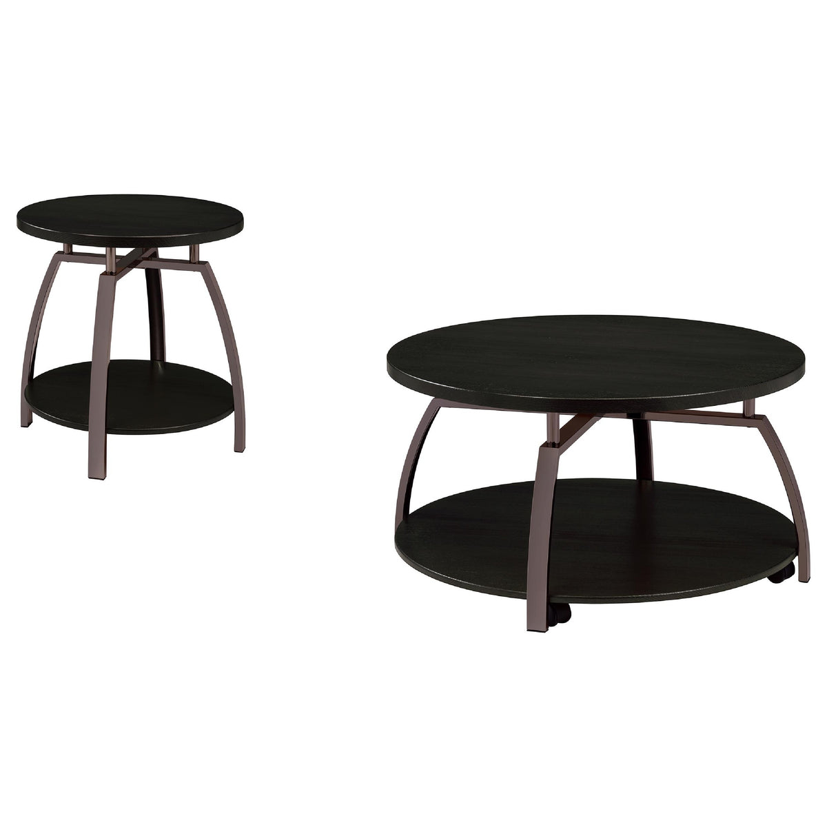 Dyn 2Pc Round Coffee and End Table Set, Curved Metal Base, Black Wood