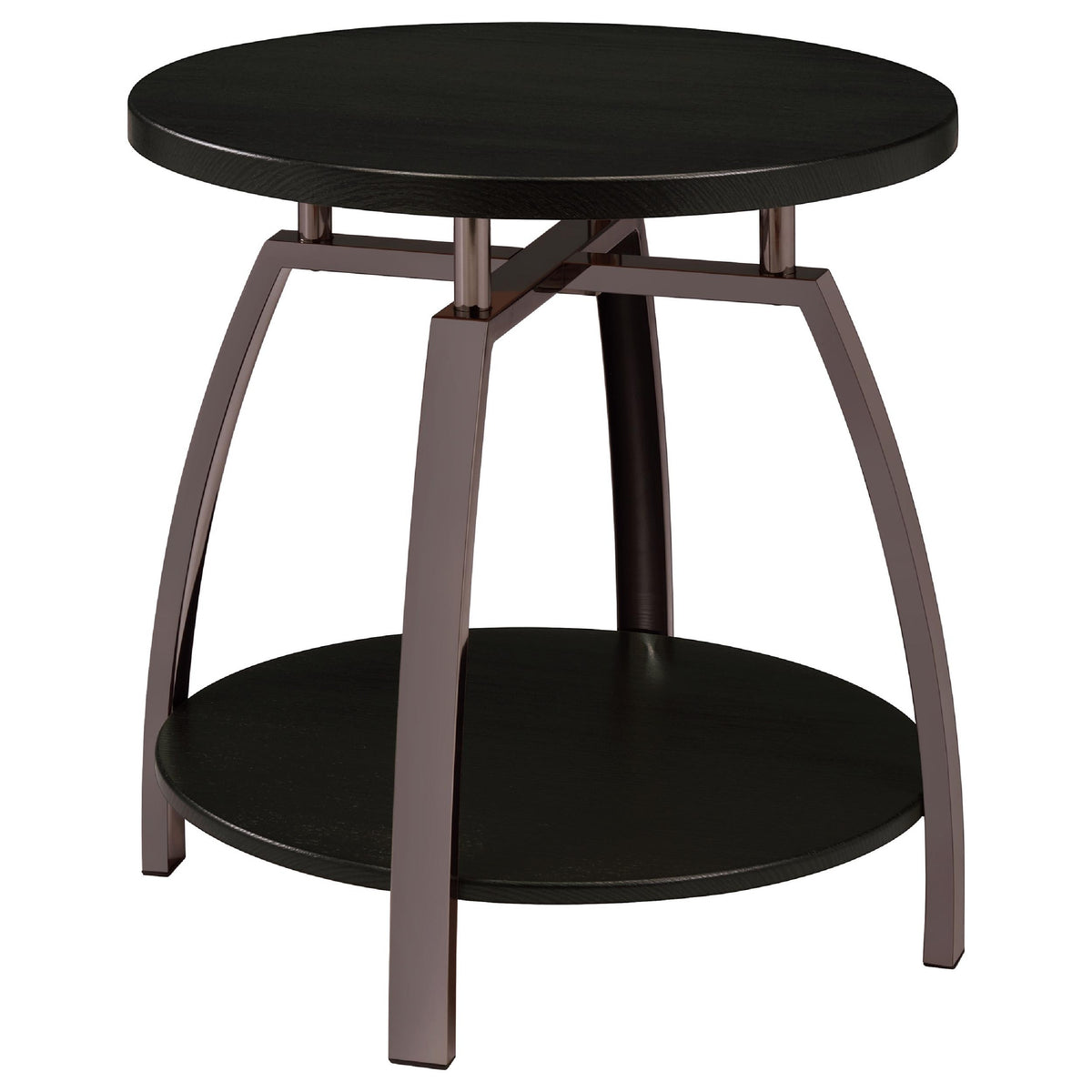 Dyn 2Pc Round Coffee and End Table Set, Curved Metal Base, Black Wood