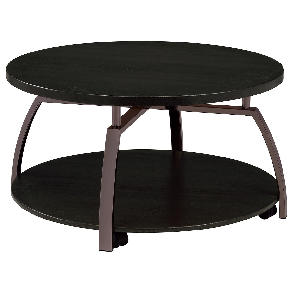 Dyn 2Pc Round Coffee and End Table Set, Curved Metal Base, Black Wood